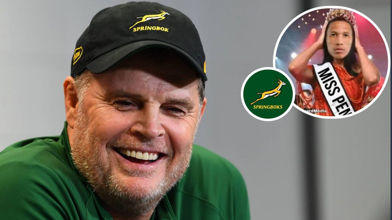 Springboks head coach Rassie Erasmus and an insert of a meme of Manie Libbok.