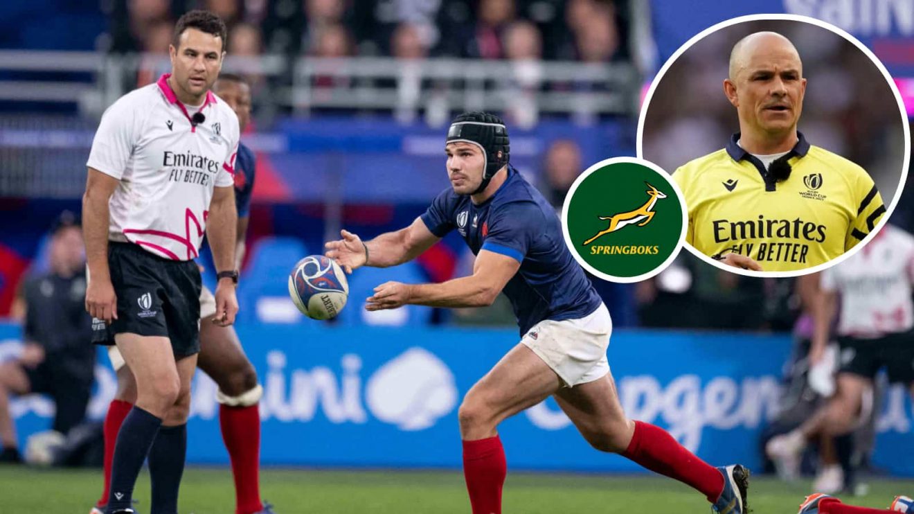 Ben O'Keeffe and Antoine Dupont during the Rugby World Cup quarter-final and an insert of Jaco Peyper.