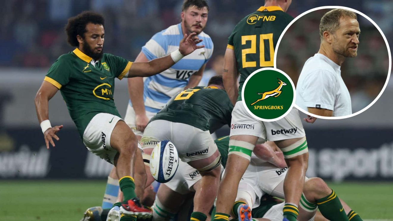 Springboks scrum-half Jaden Hendrikse and an insert of attack coach Tony Brown.
