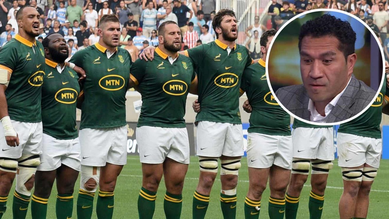 Springboks anthem against Argentina in 2024 and former All Black Mils Muliaina (inset).