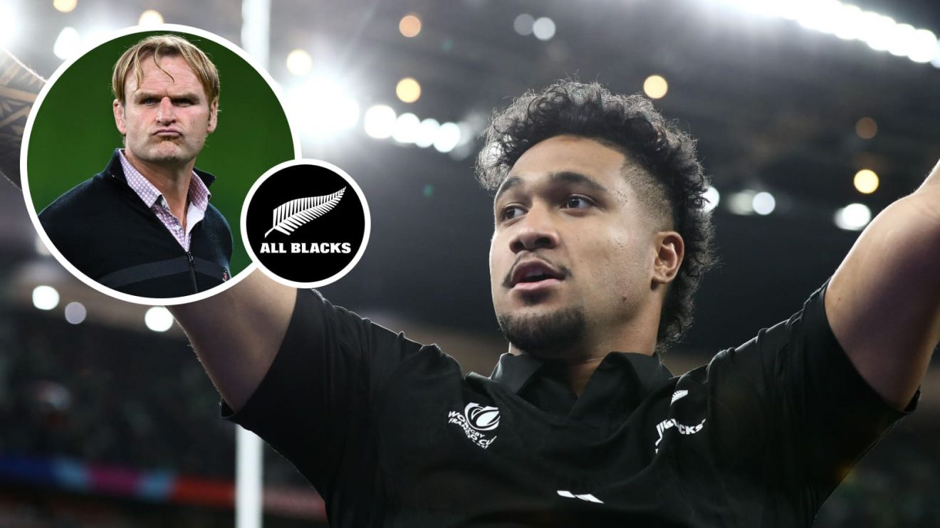 Leicester Fainga'anuku and an insert of All Blacks boss Scott Robertson.