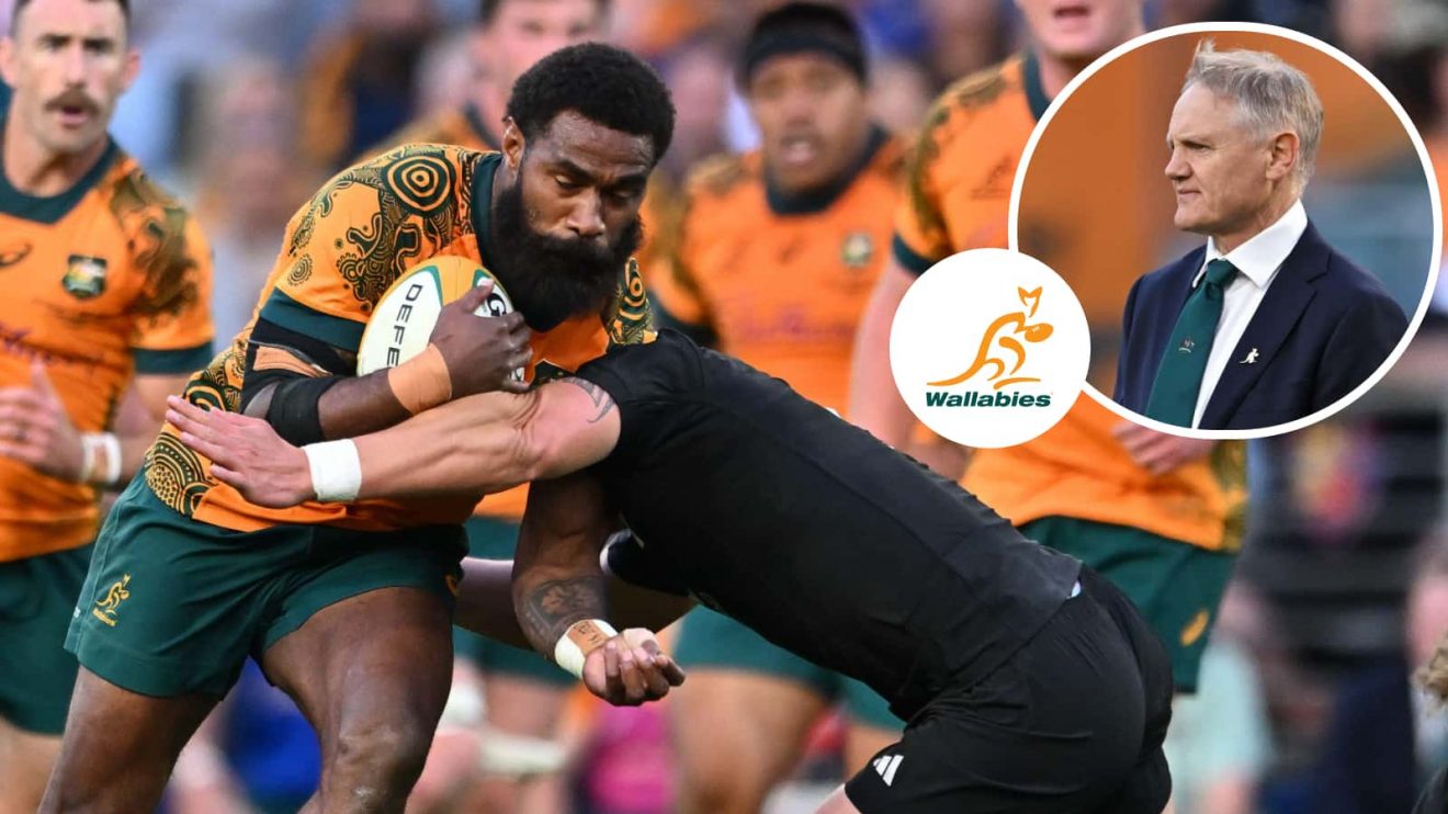Australia winger Marika Koroibete and Wallabies head coach Joe Schmidt.