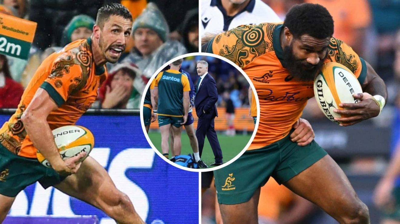Wallabies players Jake Gordon and Marika Koroibete, and head coach Joe Schmidt (inset).