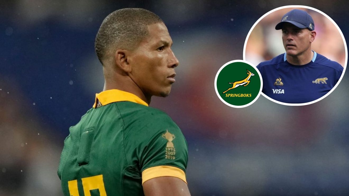 Springboks fly-half Manie Libbok and Argentina head coach Felipe Contepomi.