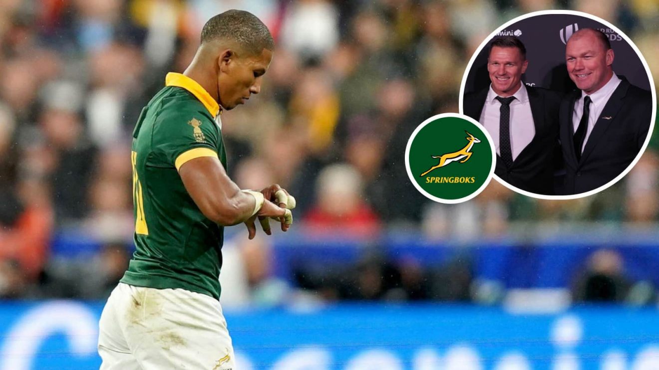Springboks fly-half Manie Libbok and South African greats Jean de Villiers and Schalk Burger (inset).