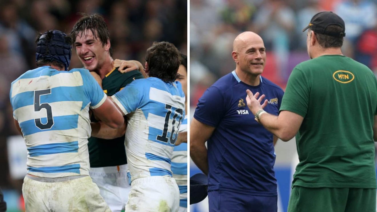 Springboks lock Eben Etzbeth and Argentina's Tomas Lavanini plus head coaches Rassie Erasmus and Felipe Contepomi