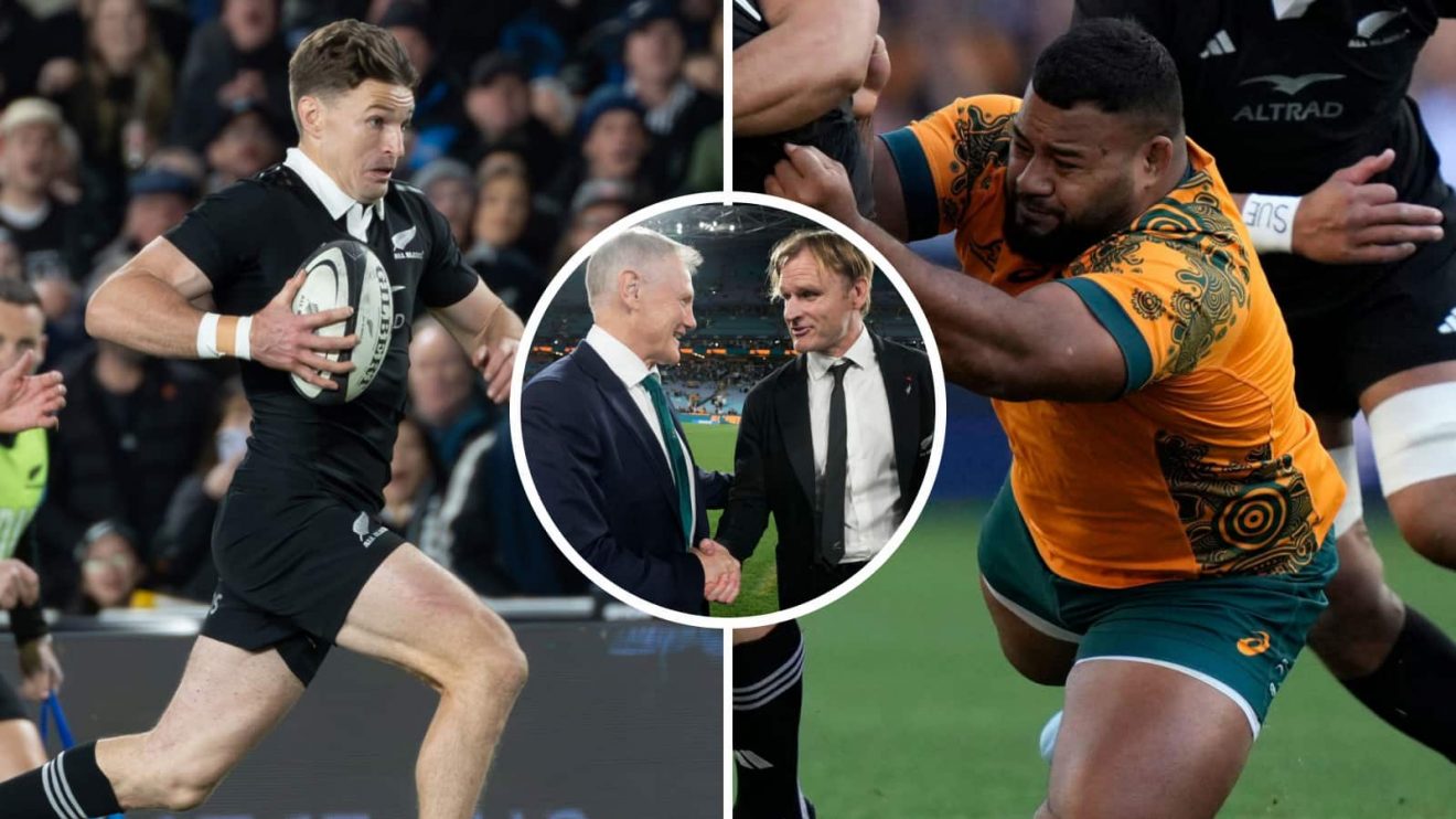 Beauden Barrett alongside Taniela Tupou with Joe Schmidt and Scott Robertson shaking hands (inset).