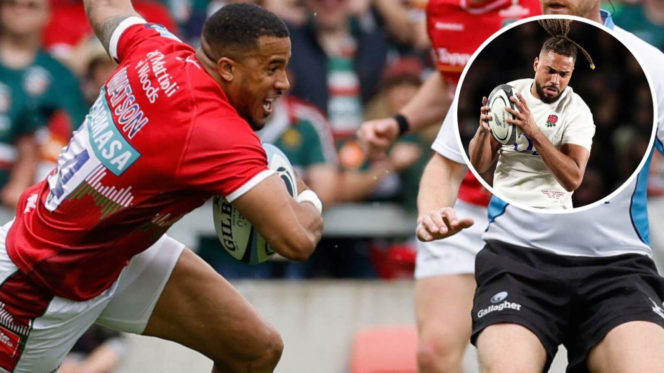 Anthony Watson in action for Leicester Tigers and England flanker Chandler Cunningham-South (inset).