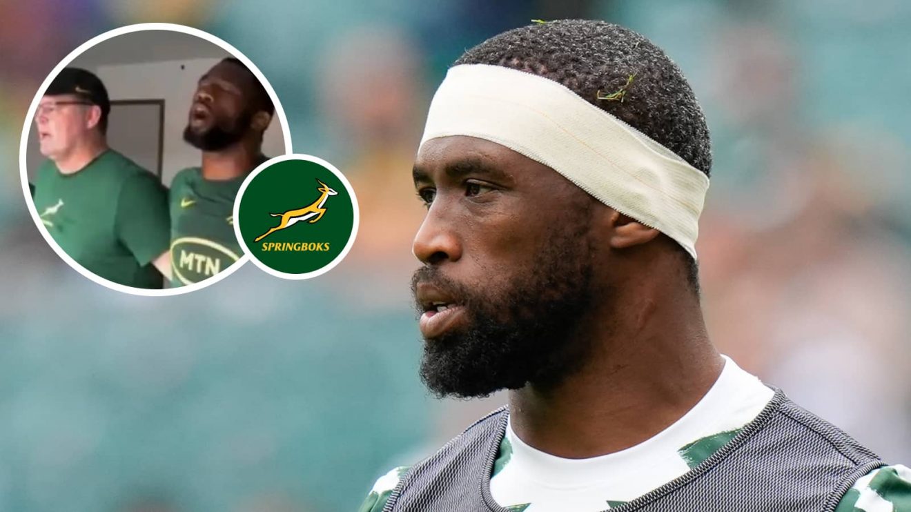 Springboks captain Siya Kolisi and an insert of him in the coaches' box