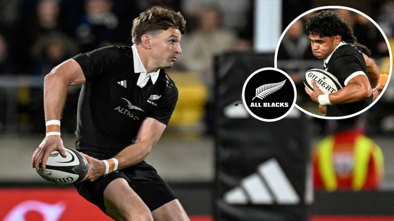 All Blacks playmaker Beauden Barrett and back-rower Wallace Sititi (inset) in action against the Wallabies.