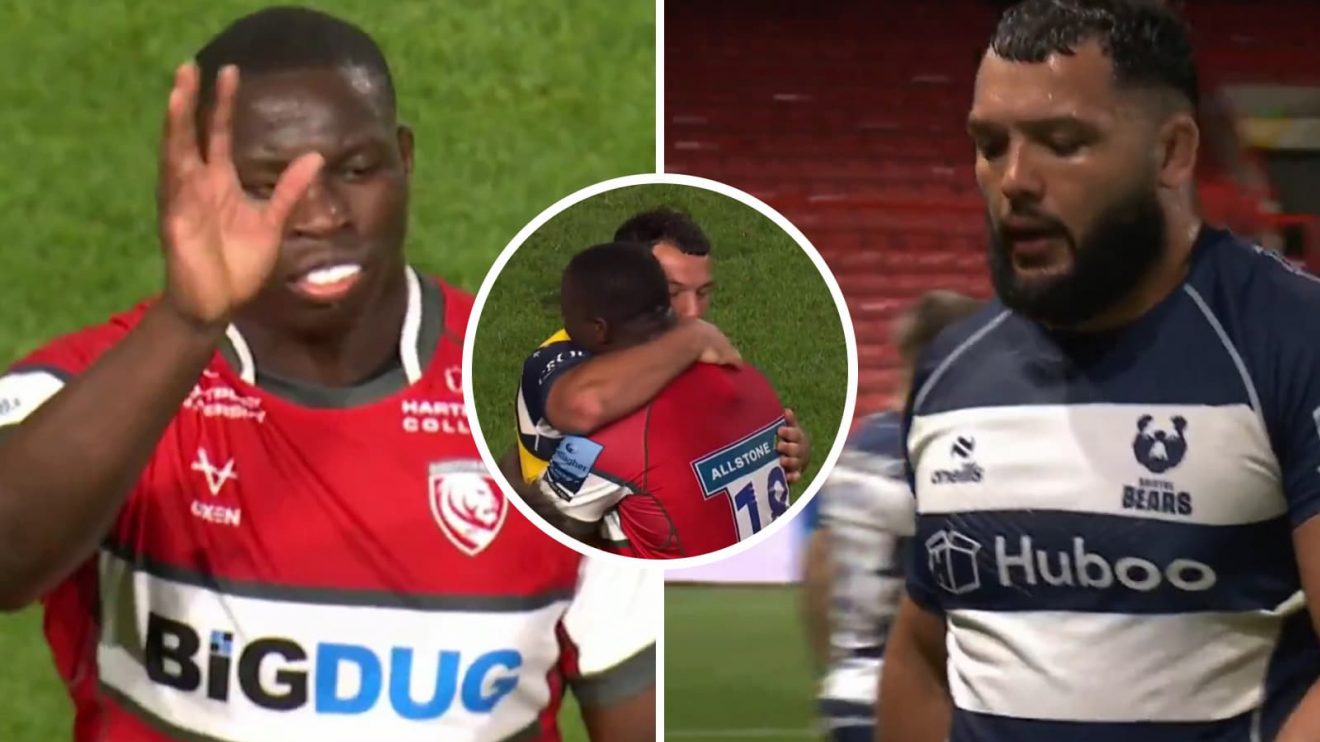 Ellis Genge and Afolabi Fasogbon battle during Bristol v Gloucester Premiership clash.