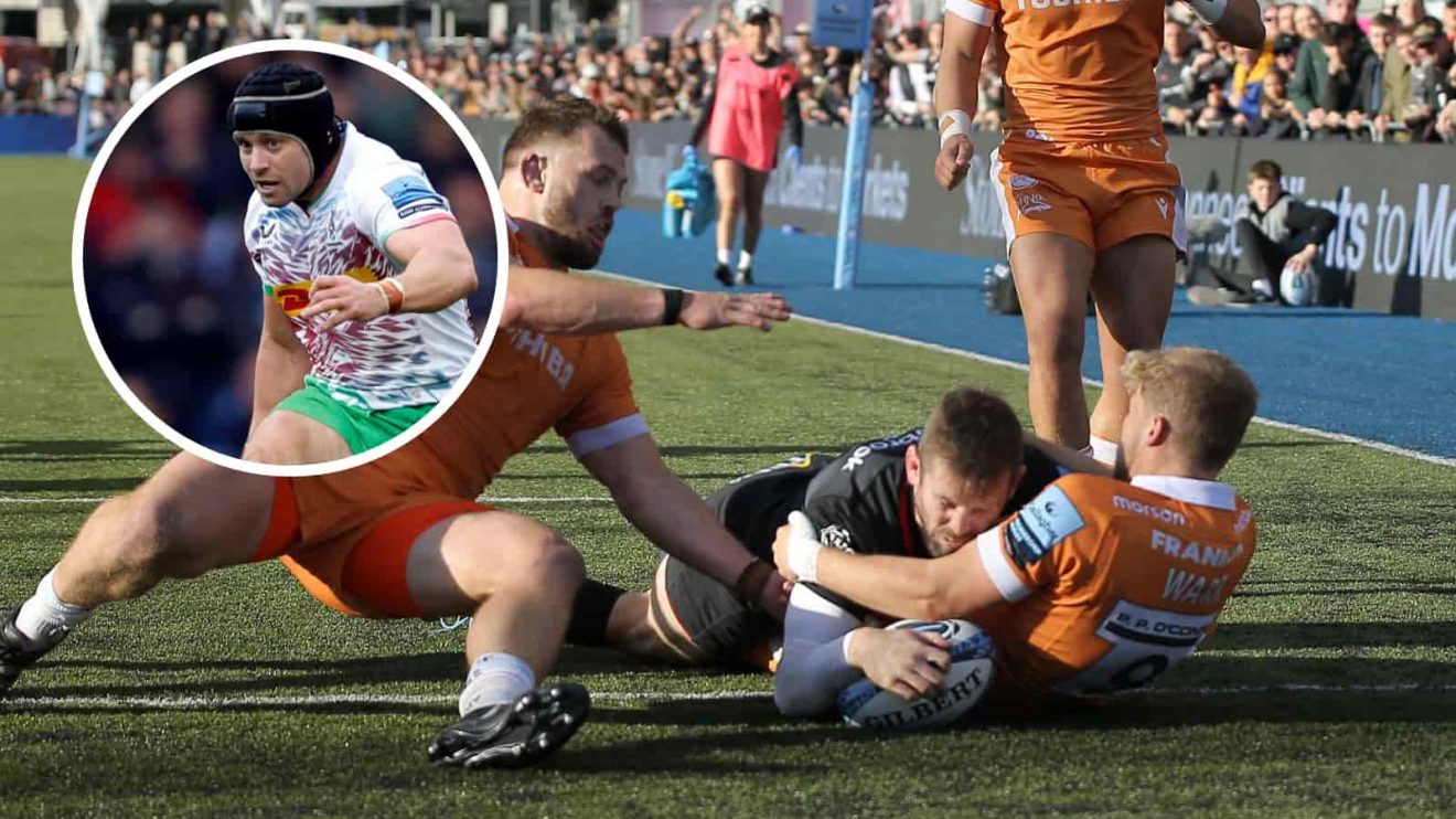 Elliot Daly scores for Saracens and an insert of Leigh Halfpenny of Harlequins.