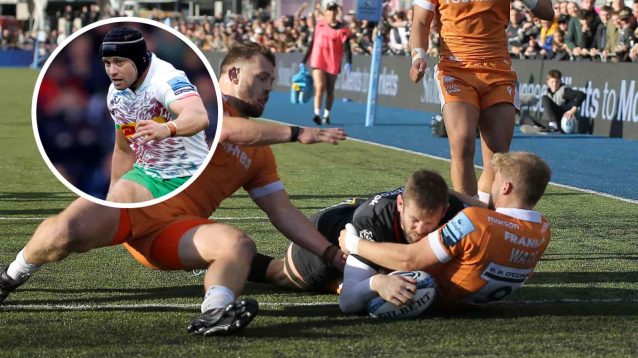 Elliot Daly scores for Saracens and an insert of Leigh Halfpenny of Harlequins.