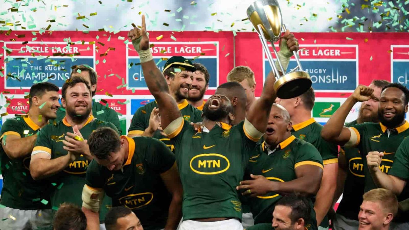 South Africa players celebrate with the trophy after defeating Argentina and winning the Rugby Championship at Mbombela stadium in Nelspruit, South Africa.