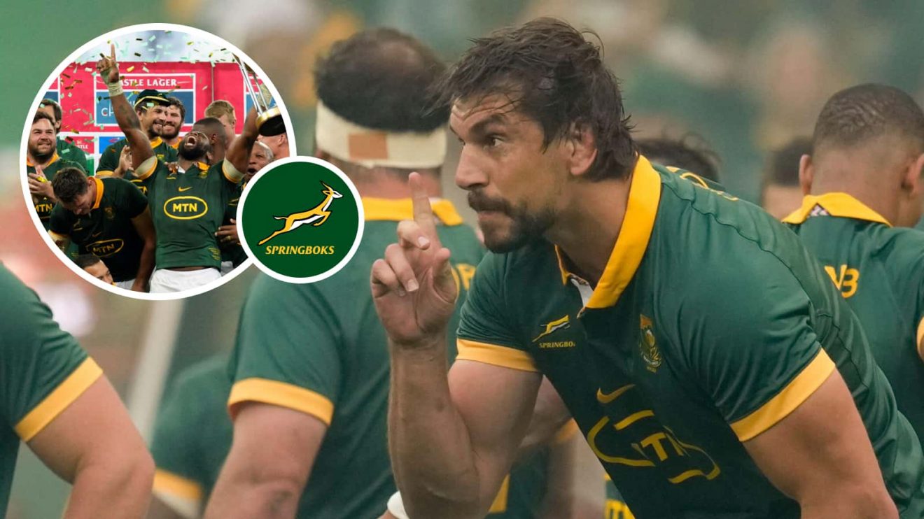 Eben Etzebeth and the Springboks celebrating the Rugby Championship victory.