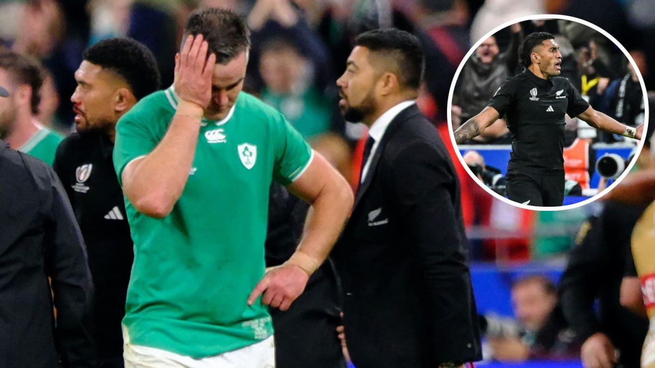 Former Ireland fly-half Johnny Sexton and All Blacks centre Rieko Ioane (inset) during the 2023 Rugby World Cup quarter-final.