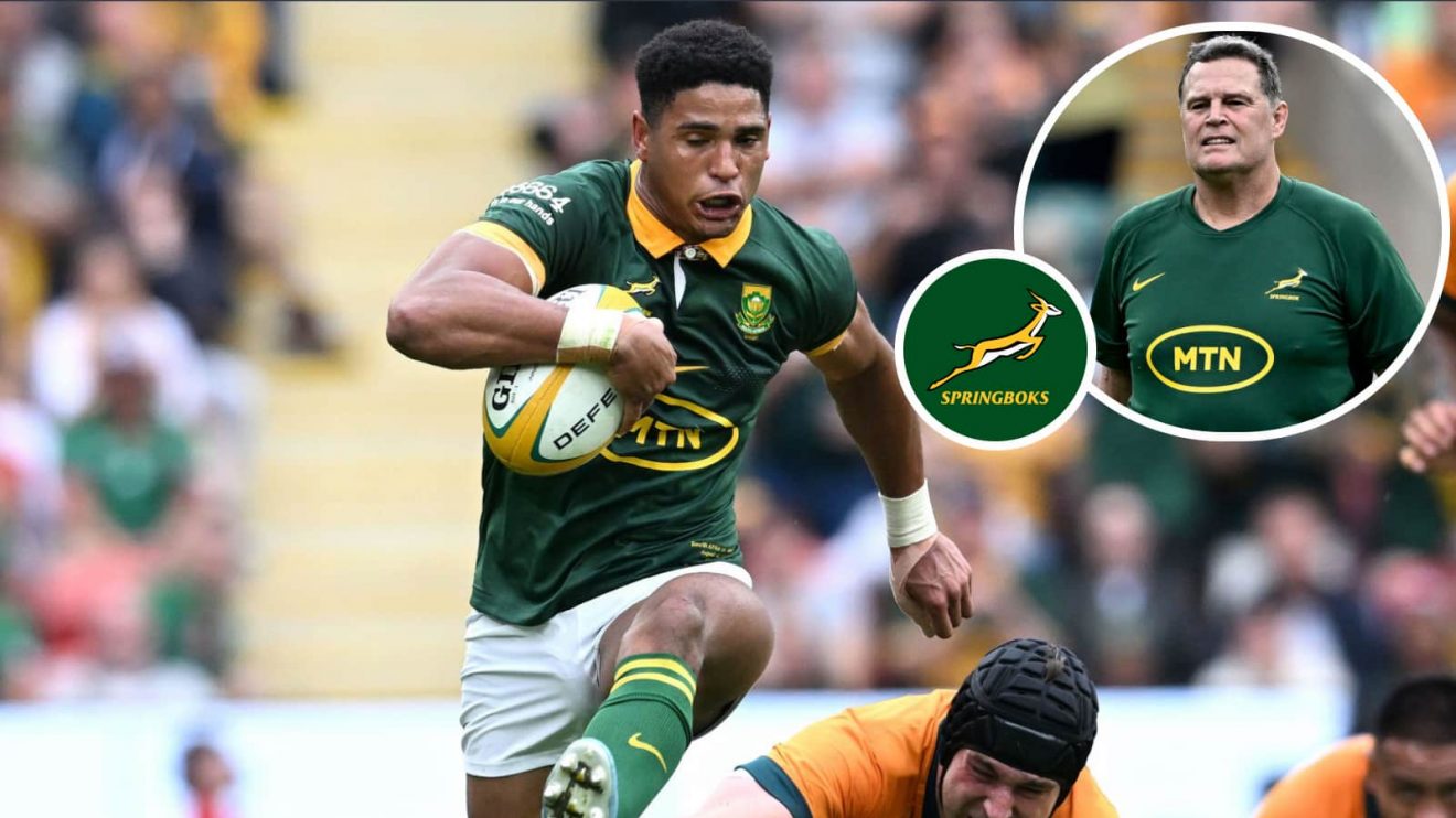 Springboks fly-half Sacha Feinberg-Mngomezulu and head coach Rassie Erasmus (inset).