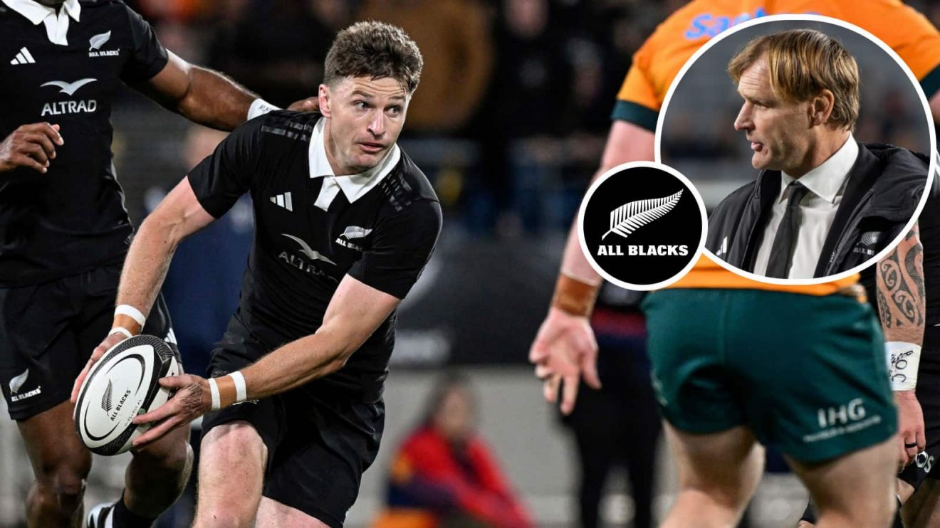 All Blacks fly-half Beauden Barrett and head coach Scott Robertson (inset).