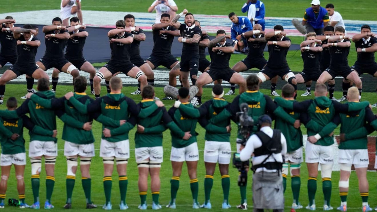 All Blacks doing the haka during Rugby Championship clash against the Springboks in 2024.