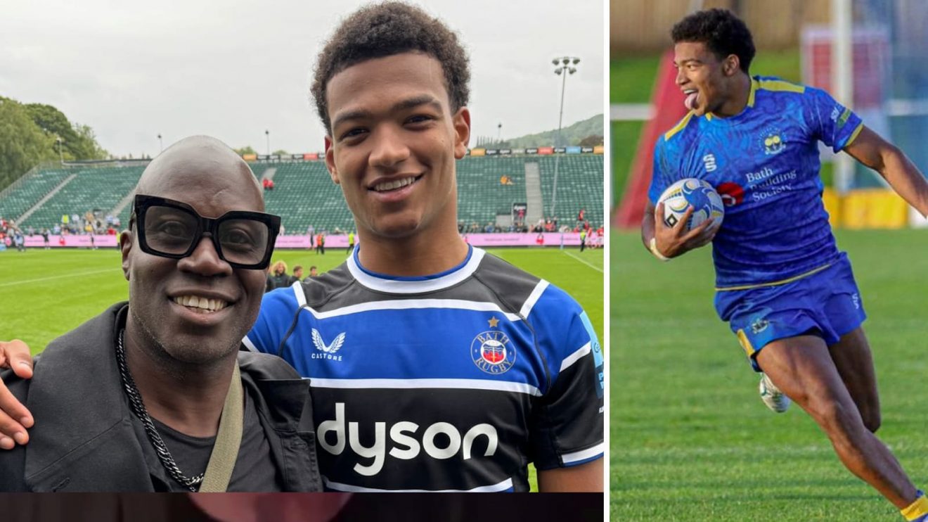 Martin Offiah has a picture taken with his son, Tyler.
