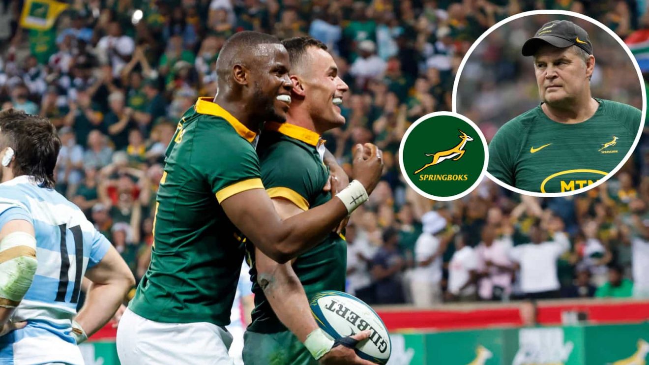 Springboks Aphele Fassi and Jesse Kriel with an insert of head coach Rassie Erasmus.