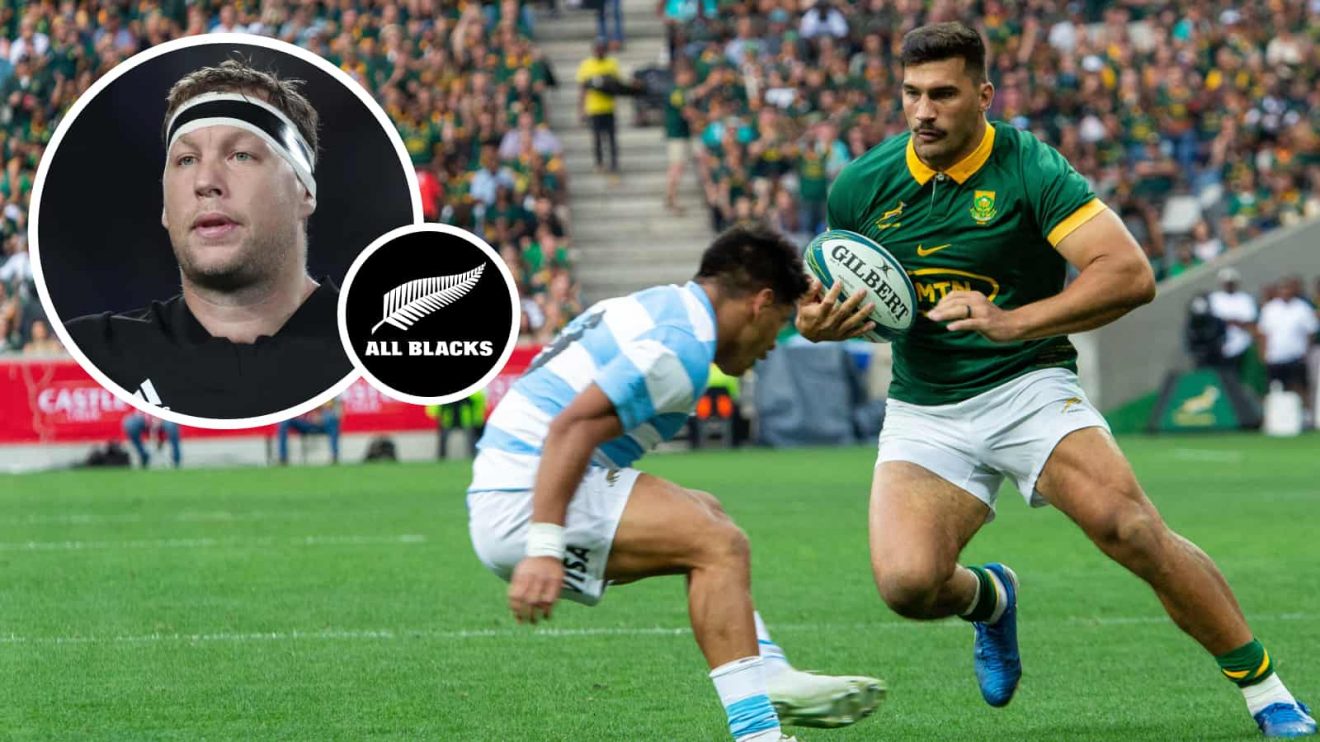 Damian de Allende side-steps a Pumas player during the Castle Lager Rugby Championship 2024 and an insert of ex-All Blacks prop Wyatt Crockett
