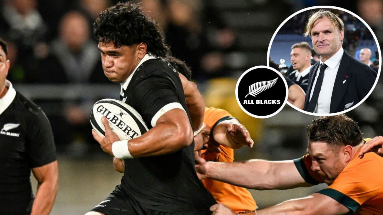 All Blacks back-row Wallace Sititi and head coach Scott Robertson (inset).