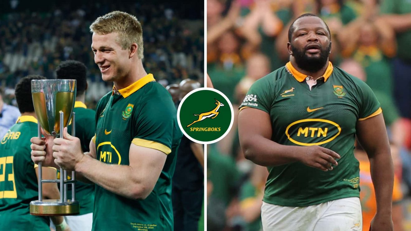 Split image of Springboks Pieter-Steph du Toit and Ox Nche during the Rugby Championship.