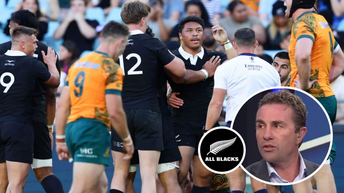 All Blacks wing Caleb Clarke celebrates try against the Wallabies, and former scrum-half Justin Marshall (inset).
