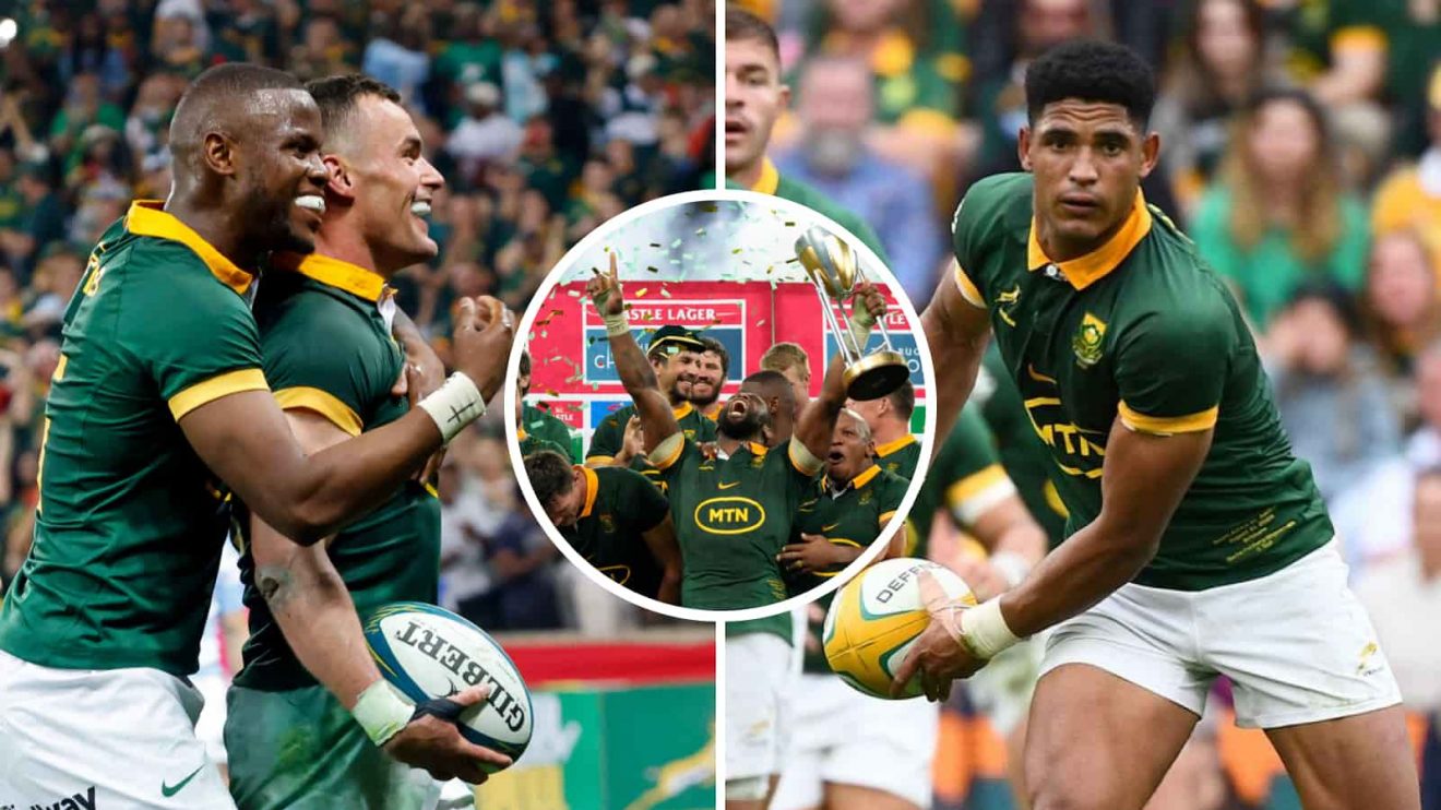 Springboks Aphelele Fassi, Jesse Kriel Siya Kolisi and Sacha Feinberg-Mngomezulu during the Rugby Championship.