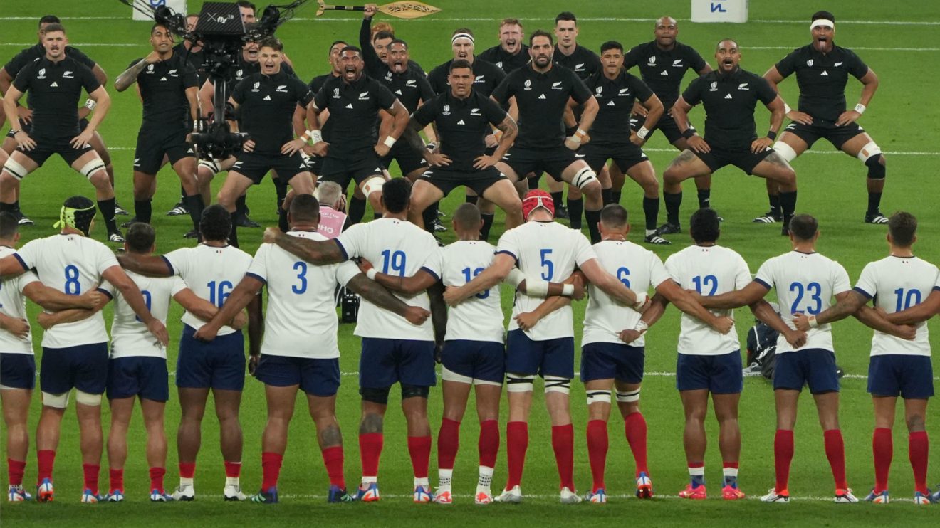 All Blacks haka v France before 2023 Rugby World Cup clash.