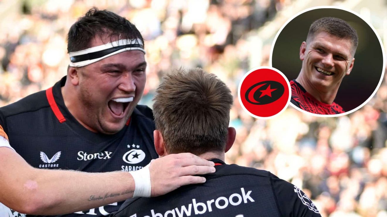 England hooker Jamie George and an insert of ex-Saracens fly-half Owen Farrell
