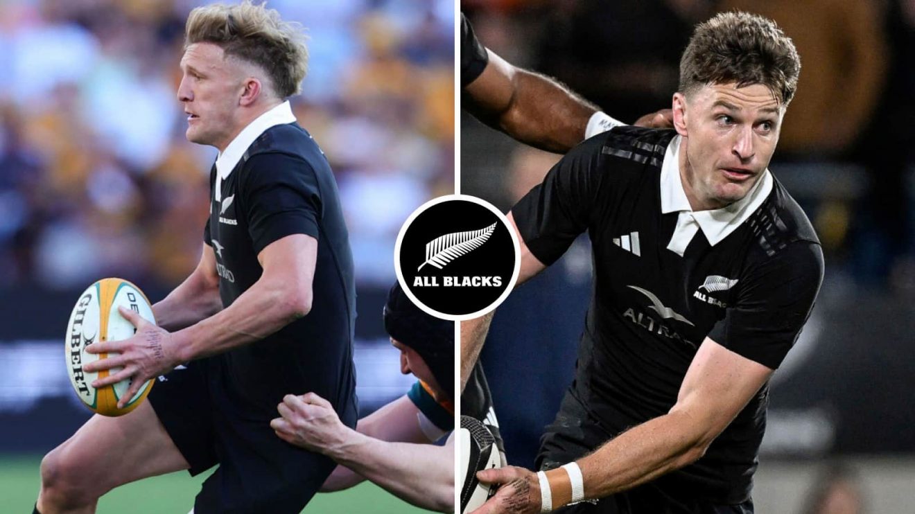 Damian McKenzie next to fellow All Blacks playmaker Beauden Barrett in split picture.