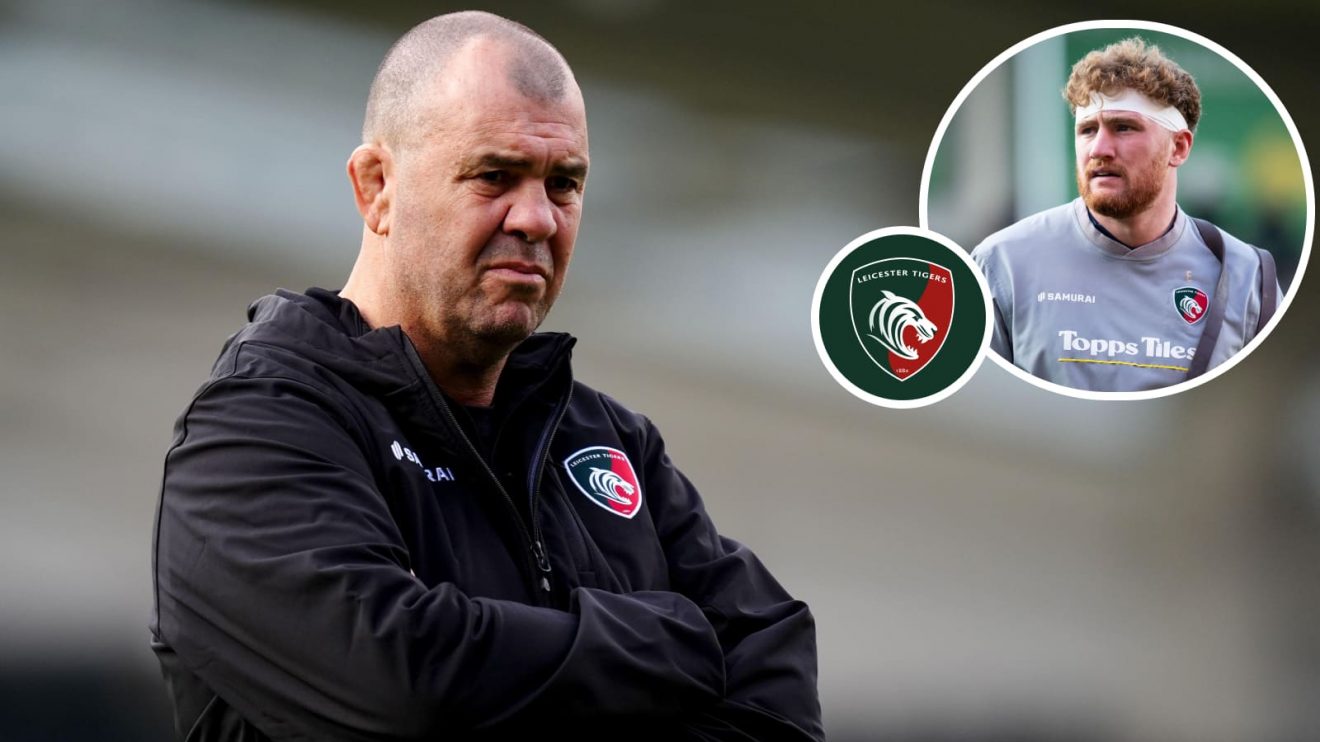 Michael Cheika and an insert of Leicester Tigers forward Ollie Chessum.