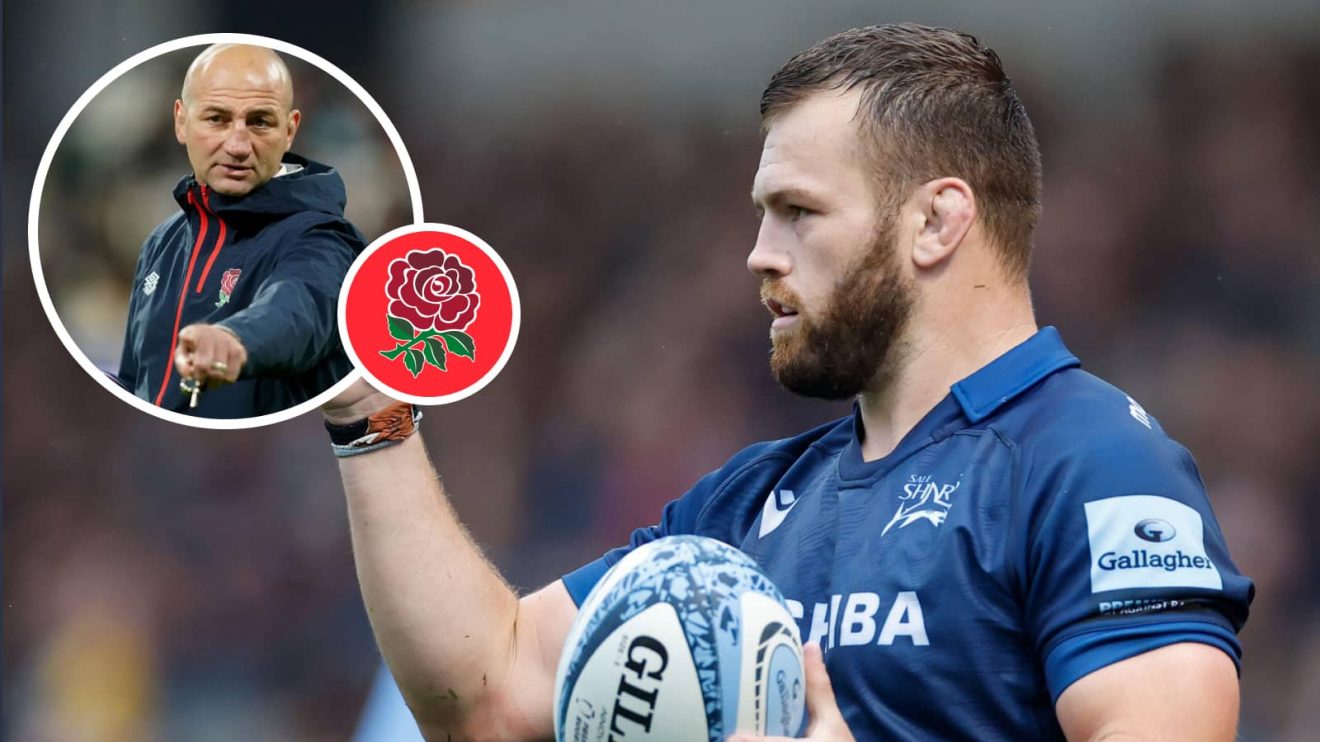 Sale Sharks hooker Luke Cowan-Dickie with an insert of England head coach Steve Borthwick