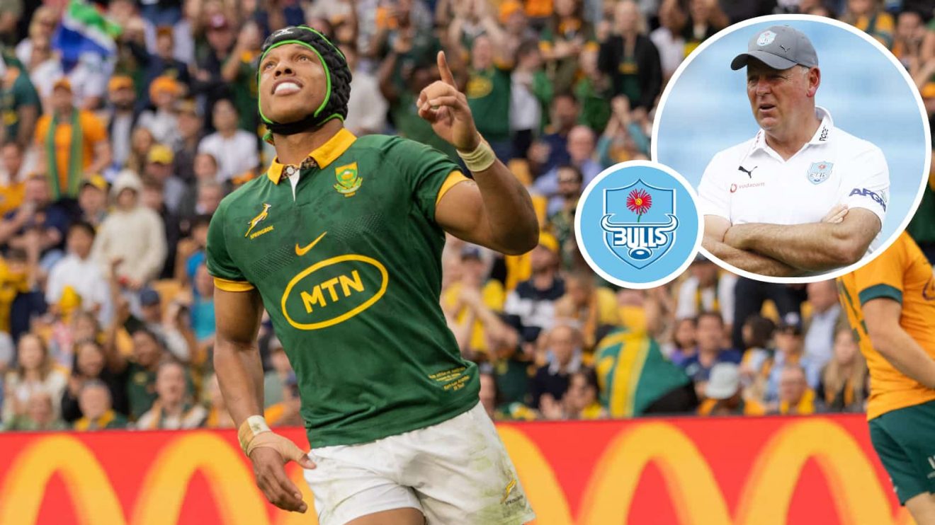 Springboks winger Kurt-Lee Arendse and an insert of Bulls boss Jake White.