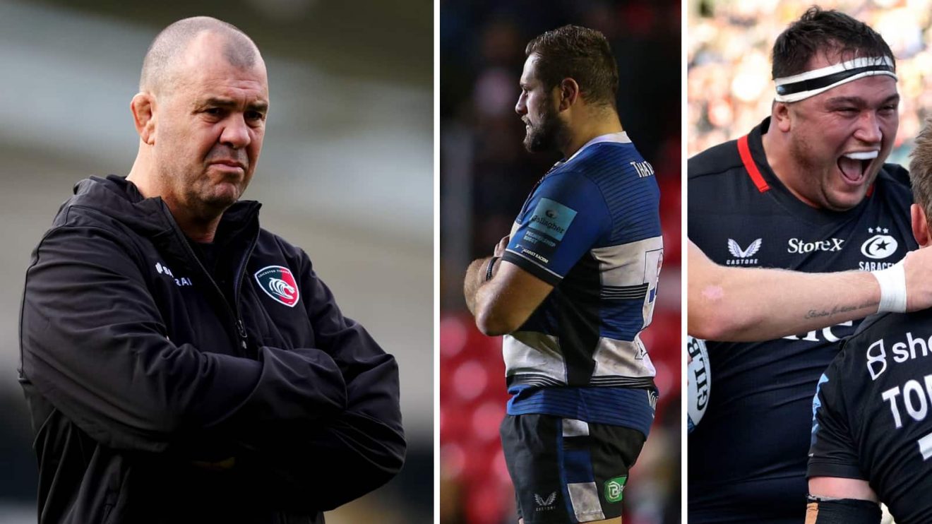 Split image of Leicester Tigers boss Michael Cheika, Springboks and Bath prop Thomas du Toit and England captain Jamie George in action for Saracens