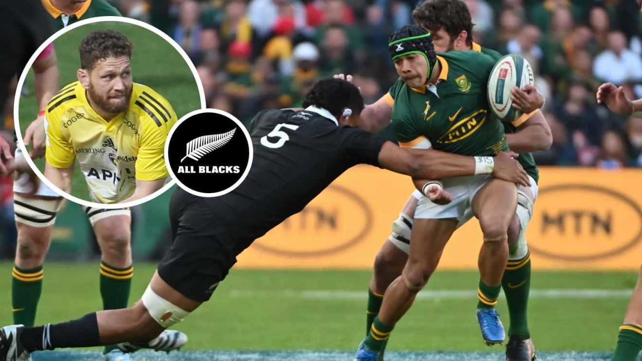Ex All Blacks star and La Rochelle scrum-half Tawera Kerr-Barlow and Cheslin Kolbe against New Zealand