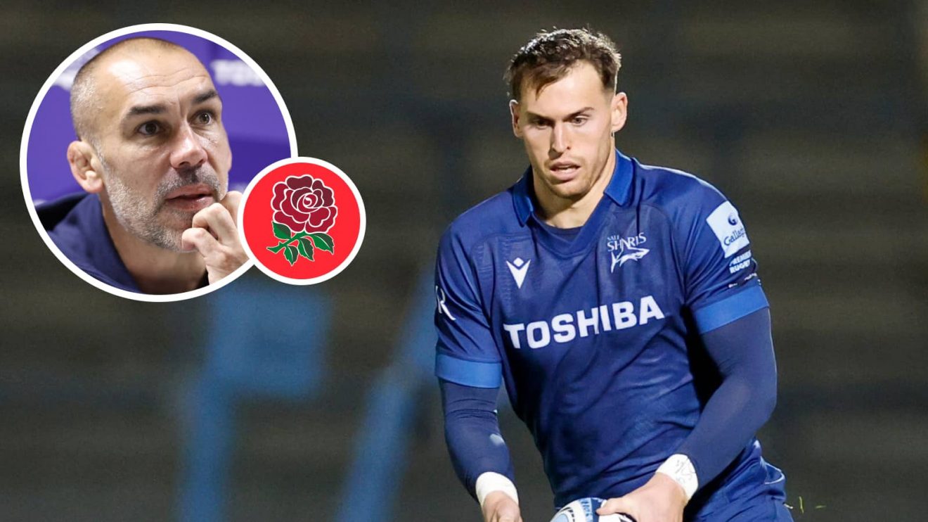 Tom Roebuck and an insert of Sale Sharks boss Alex Sanderson