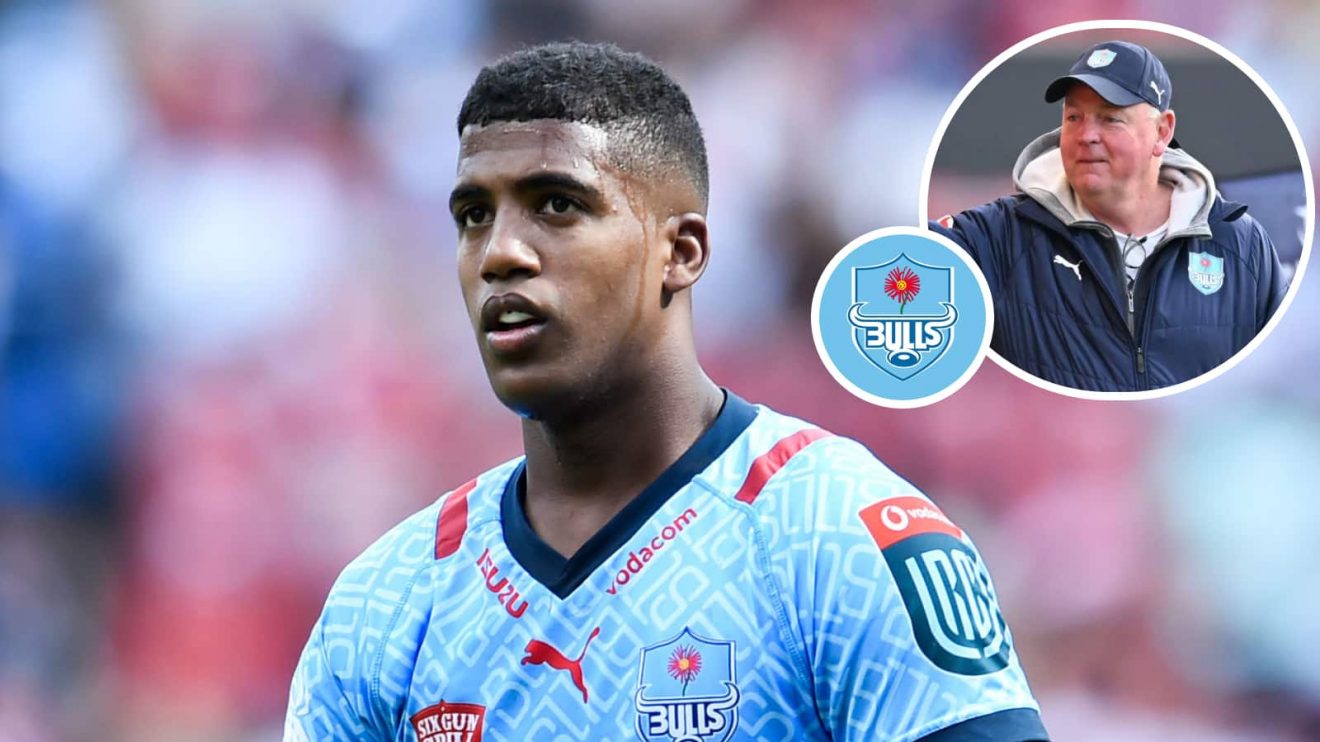 Bulls back Canan Moodie and an insert of director of rugby Jake White.