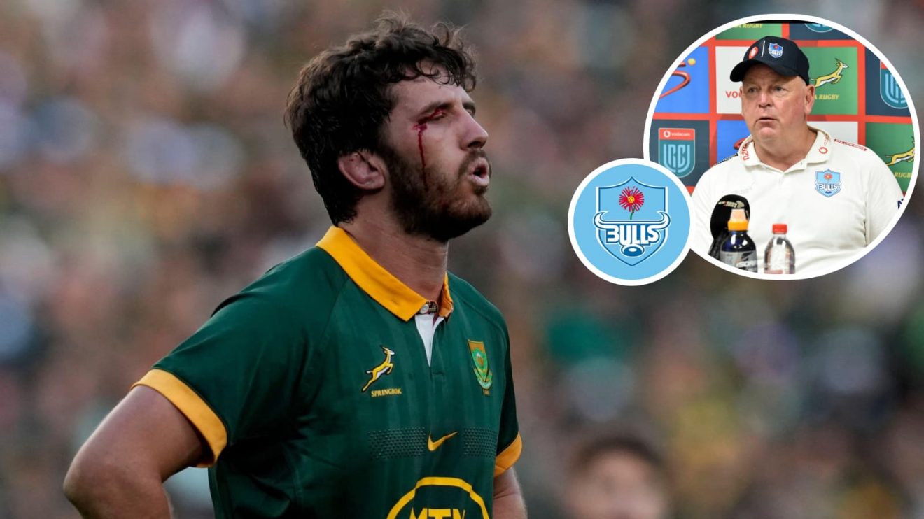 Springboks lock Ruan Nortje and an insert of Bulls boss Jake White.