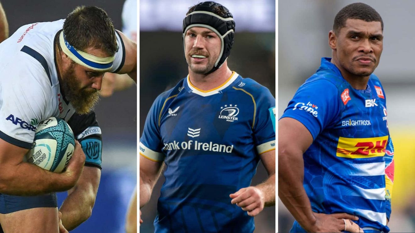 Bulls prop Gerhard Steenekamp, Leinster back-row Caelan Doris and Stormers back Damian Willemse split picture.