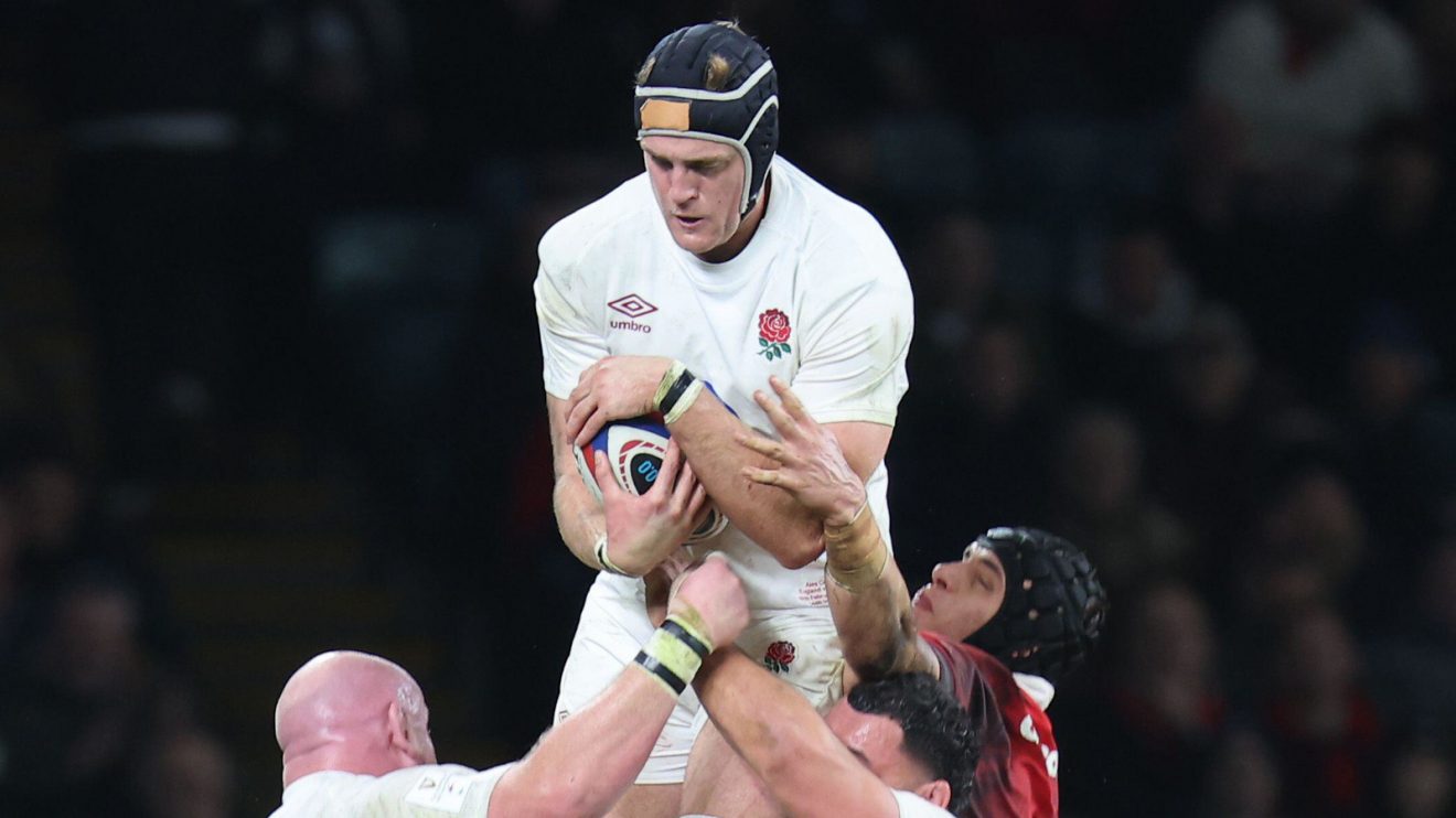 England lock Alex Coles at a lineout.