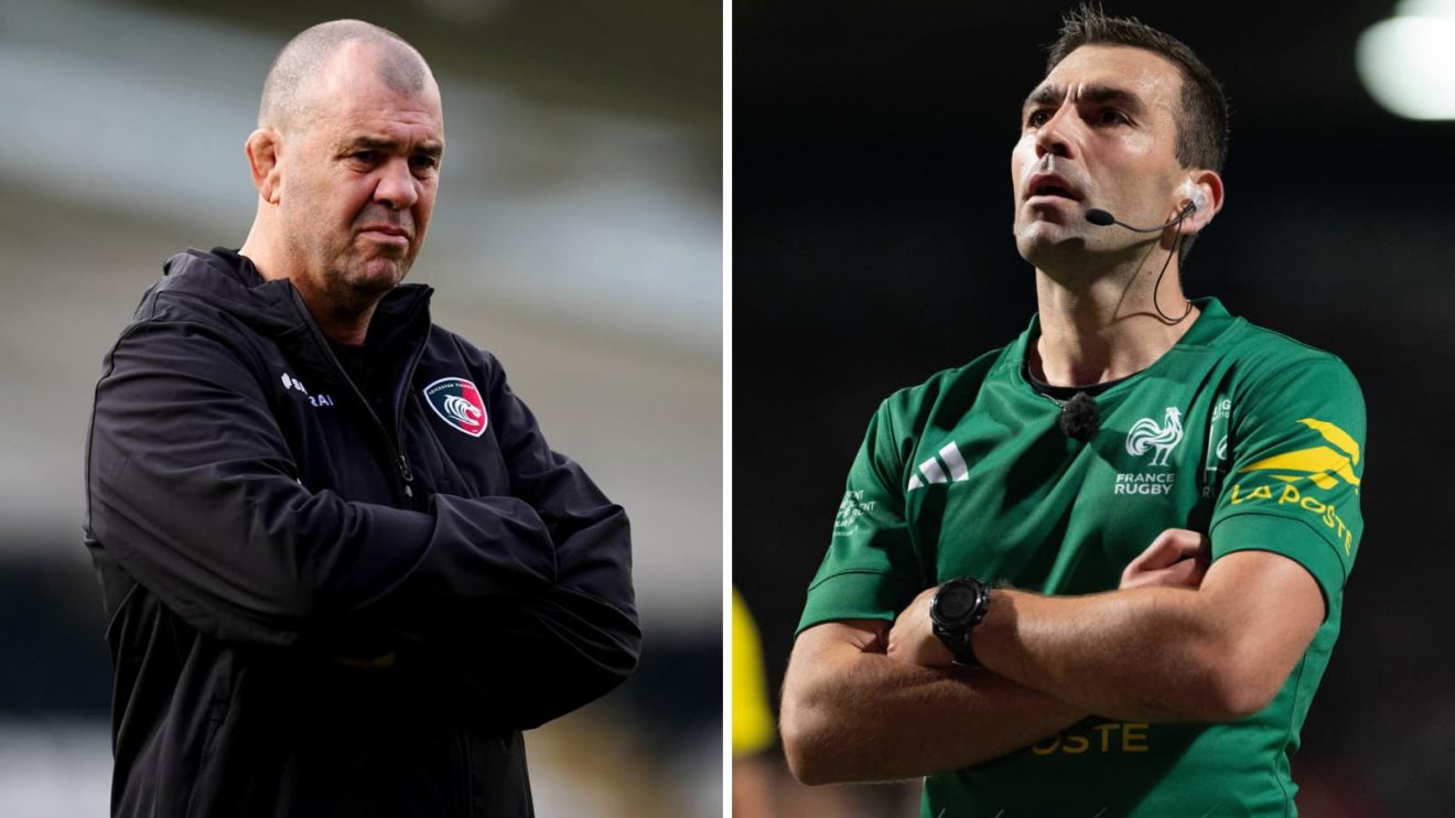 Leicester Tigers head coach Michael Cheika alongside Top 14 referee Luc Ramos.