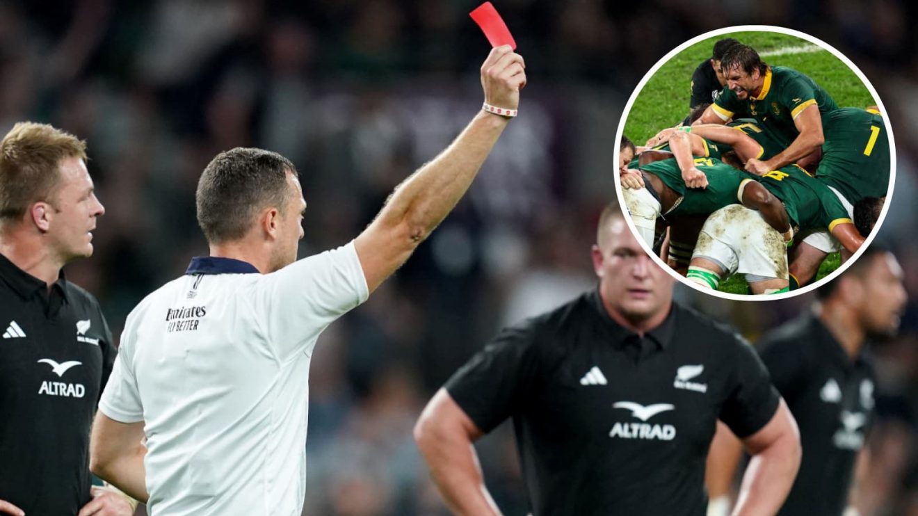 All Blacks lock Scott Barrett receiving a red card and a Springboks maul (inset).