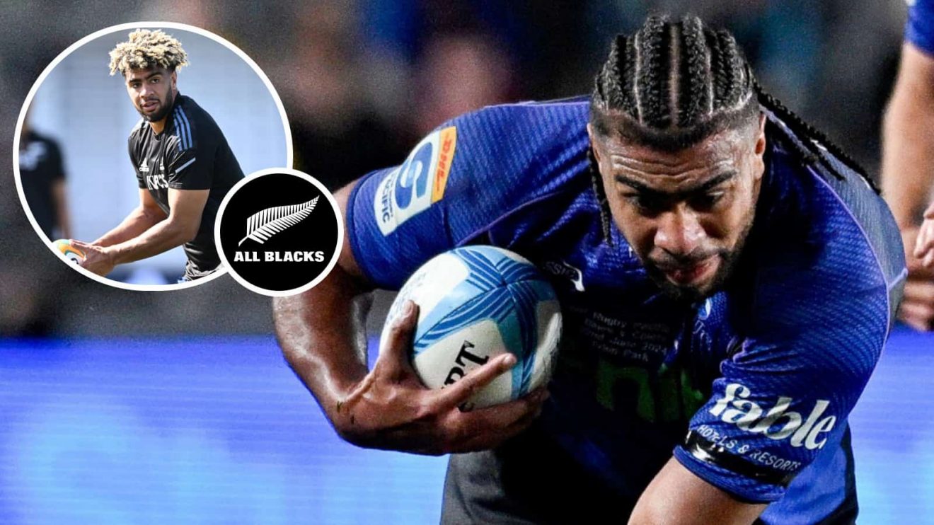 Blues number eight Hoskins Sotutu in action in 2024 and in All Blacks training back in 2022 (inset).