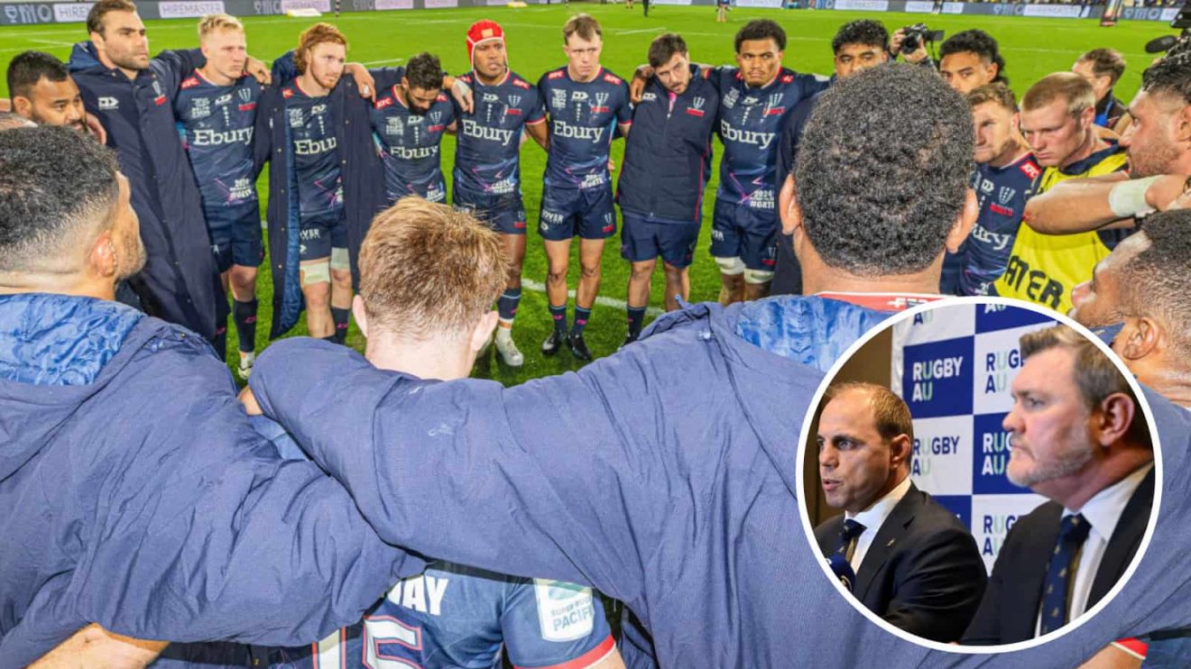 Melbourne Rebels players in a huddle and Rugby Australia bigwigs, Daniel Herbert and Phil Waugh.