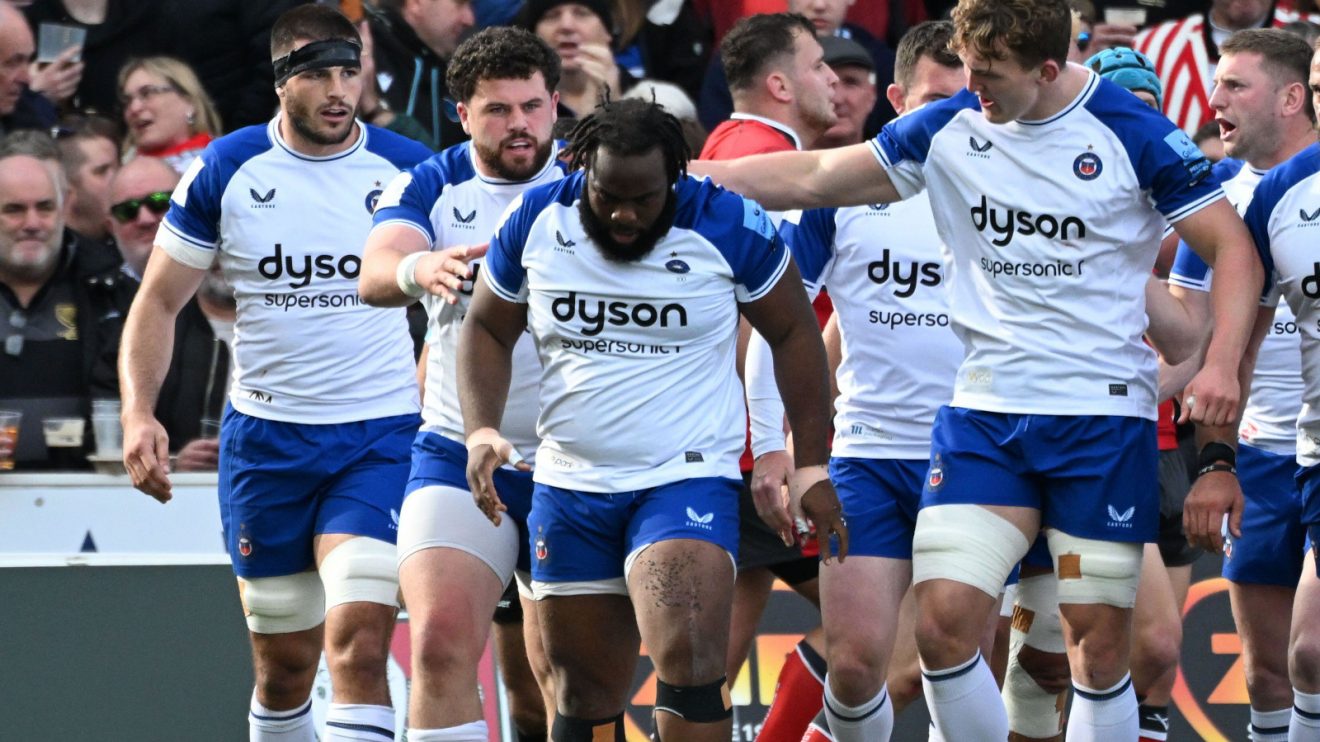 Bath prop Beno Obano after scoring a try.