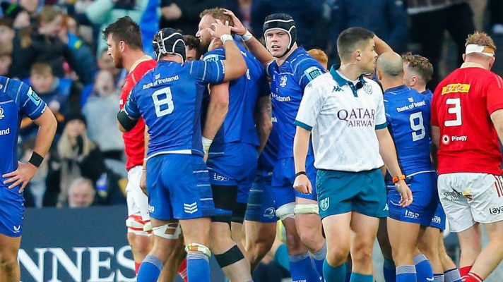 Leinster lock RG Snyman after scoring against Munster.