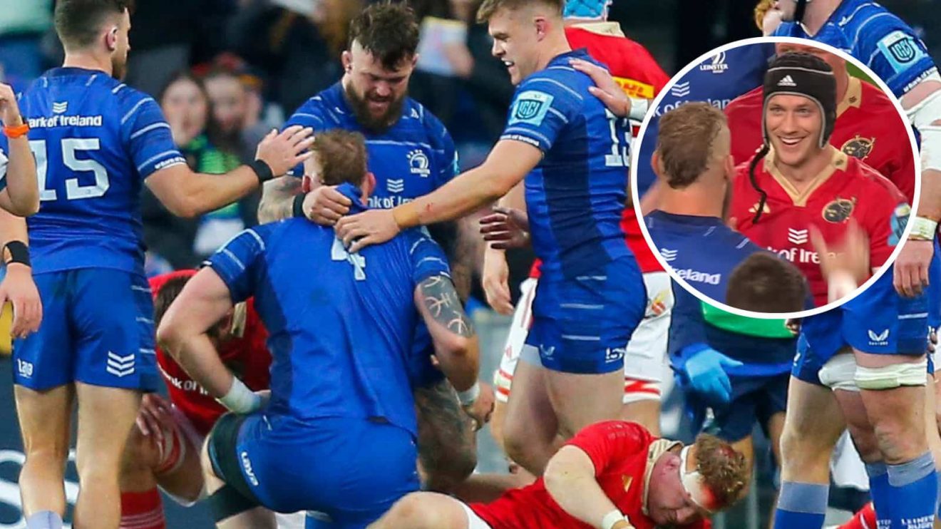 RG Snyman scoring a try for Leinster and his interaction with Munster full-back Mike Haley (inset).